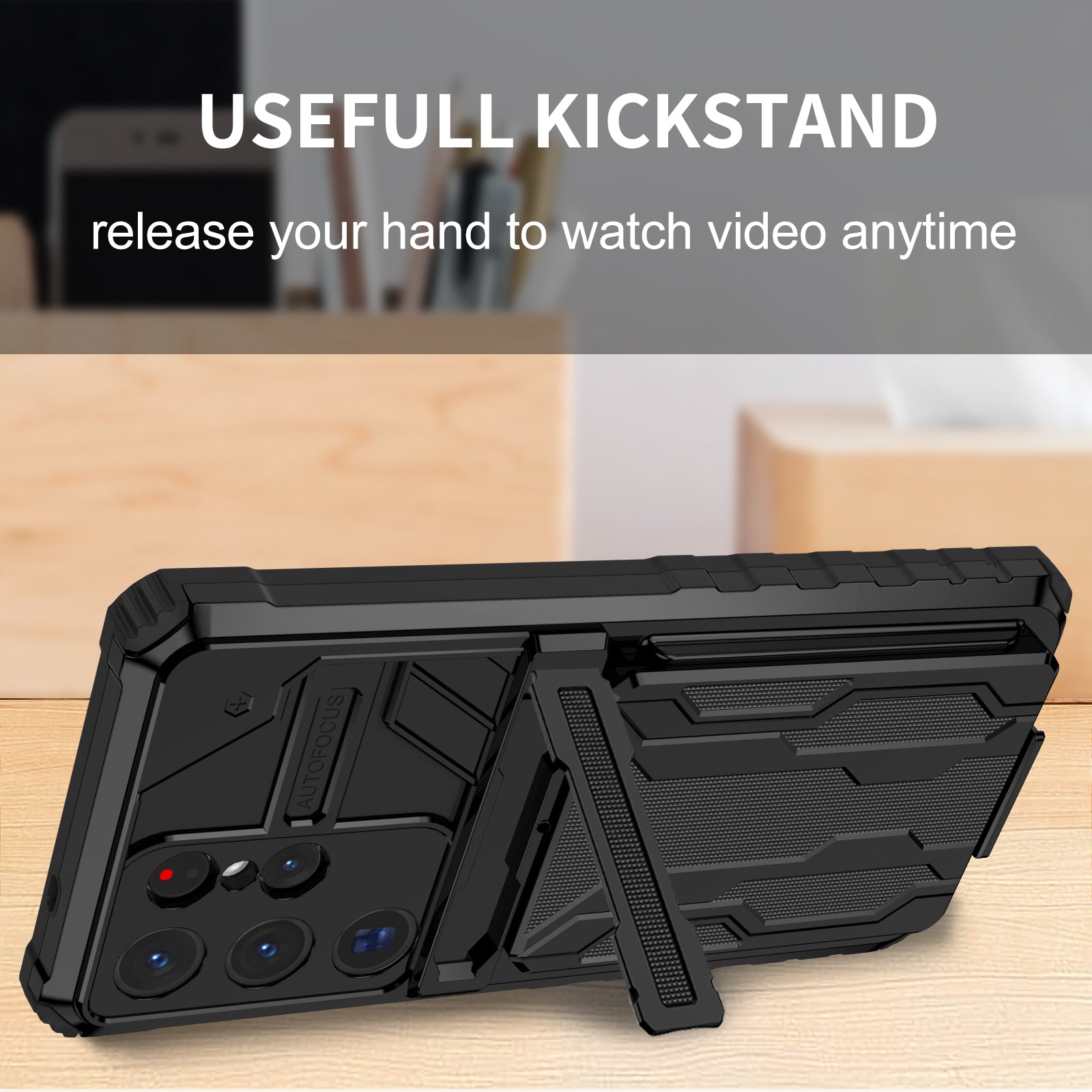 Samsung S26 Ultra Heavy Duty Kickstand Card Holder Case Shockproof Black