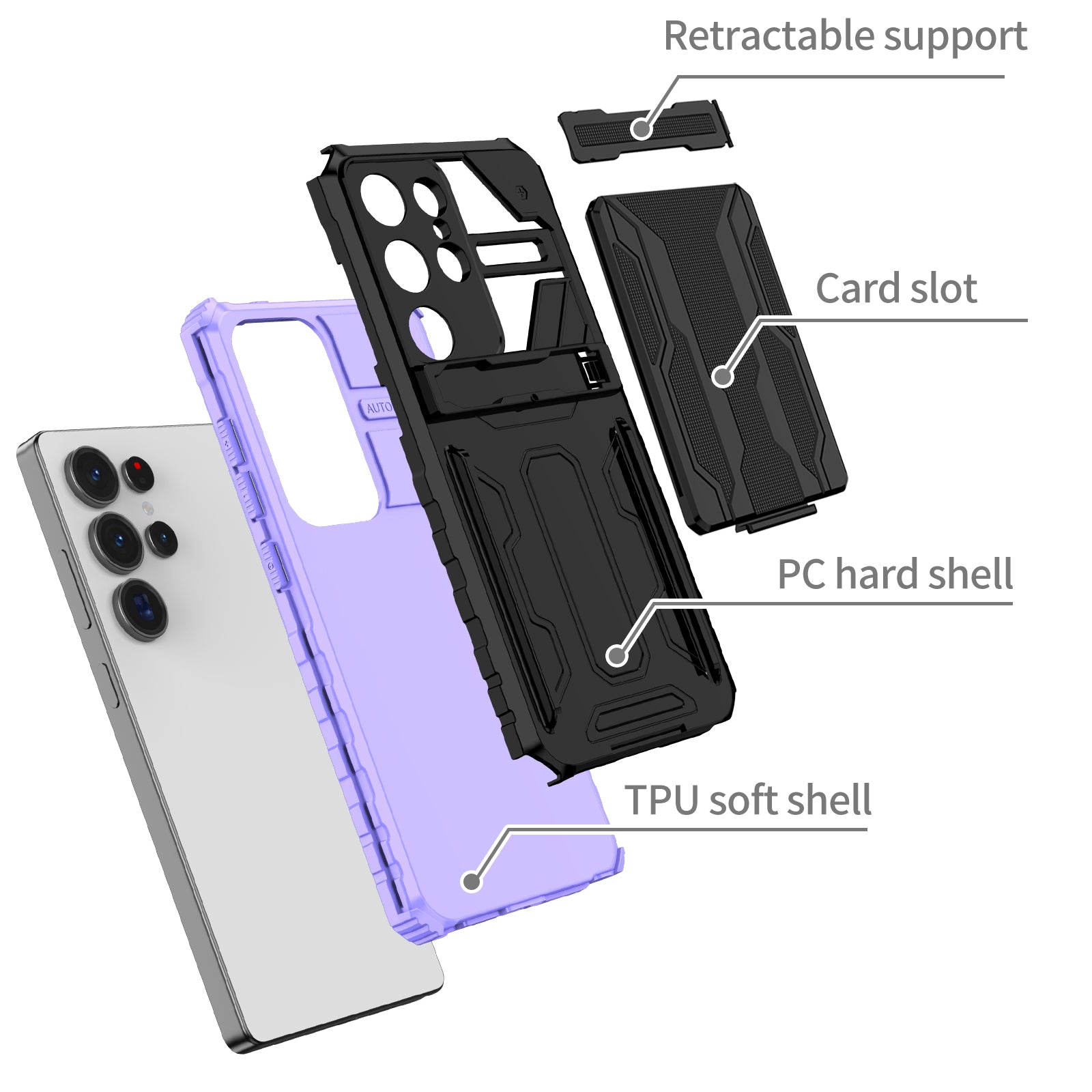 Samsung S26 Ultra Heavy Duty Kickstand Card Holder Case Shockproof Purple