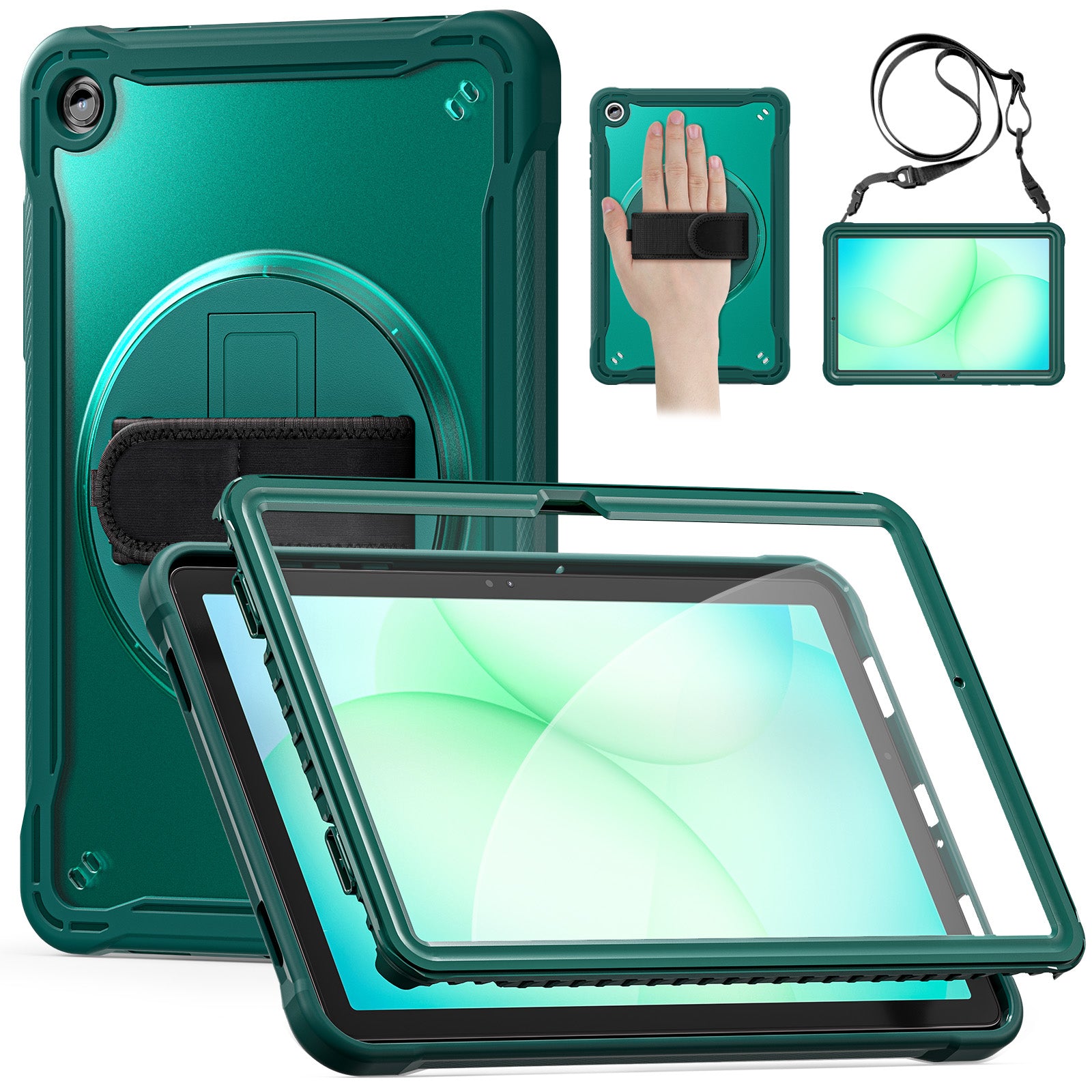 Samsung Tab A11+ A11 Plus Rugged Case - 360° Stand, Hand & Shoulder Strap - Shockproof - Green