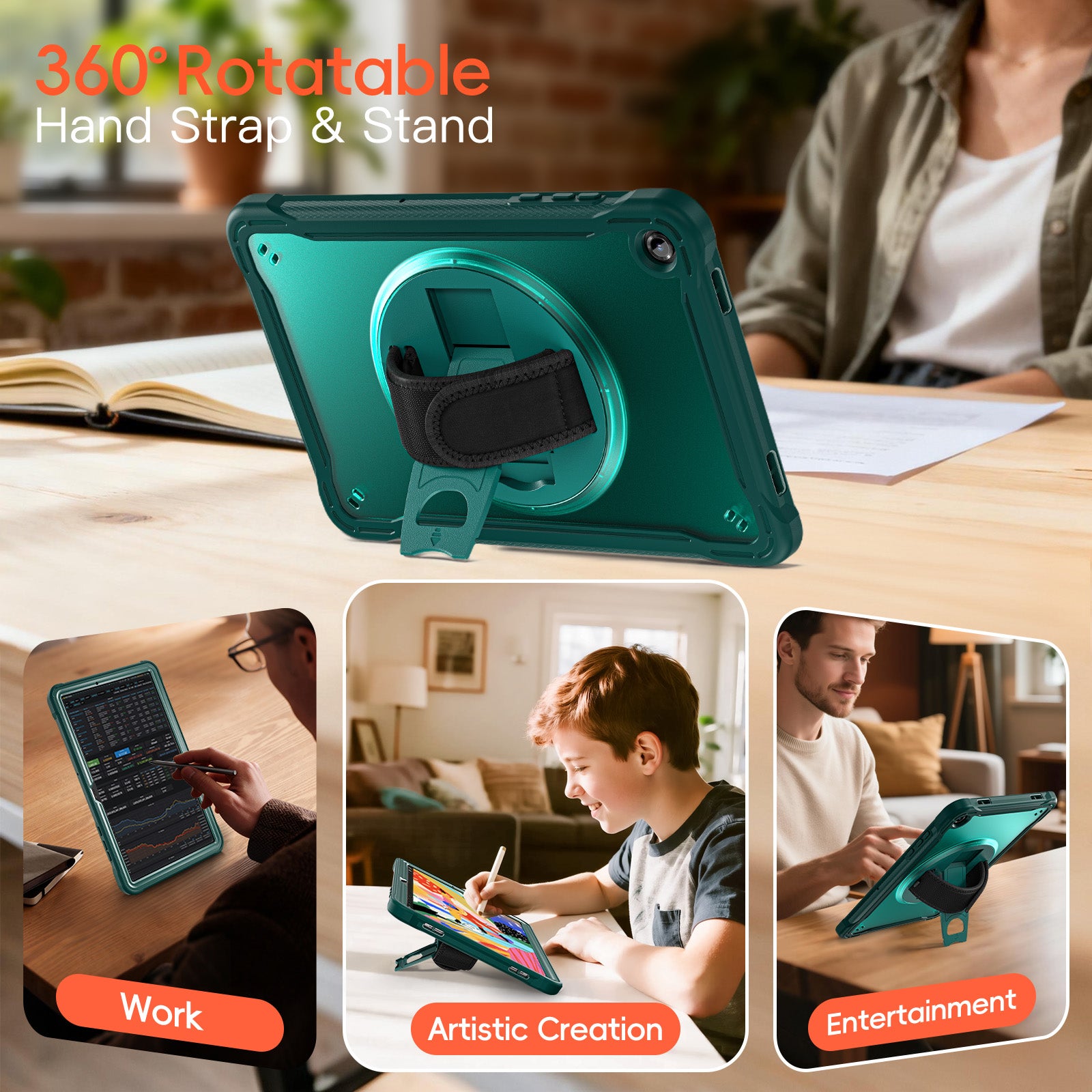 Samsung Tab A11+ A11 Plus Rugged Case - 360° Stand, Hand & Shoulder Strap - Shockproof - Green