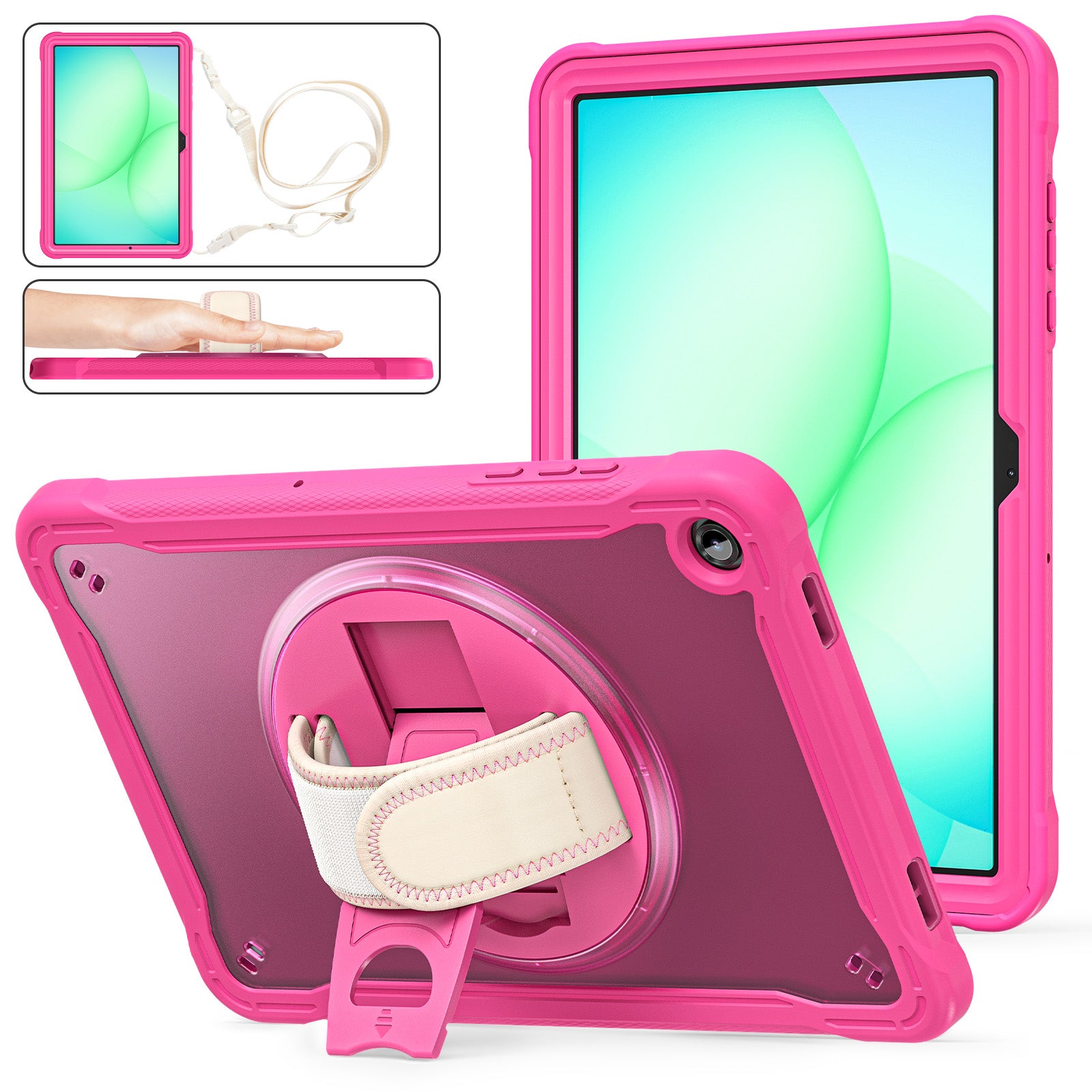 Samsung Tab A11+ A11 Plus Rugged Case - 360° Stand, Hand & Shoulder Strap - Shockproof - Rose