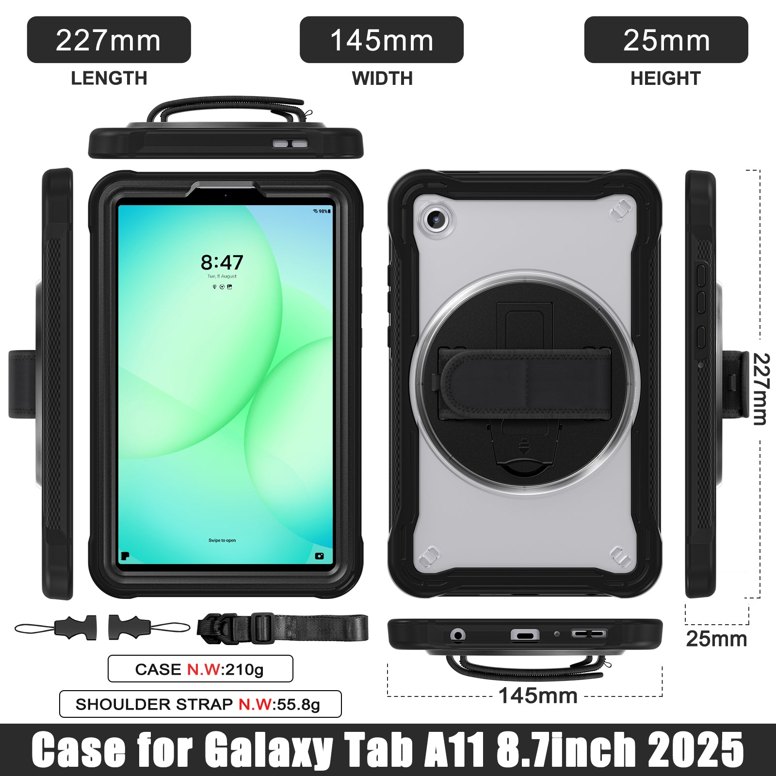 Samsung Tab A11 Rugged Case - 360° Stand, Hand & Shoulder Strap - Shockproof - Black