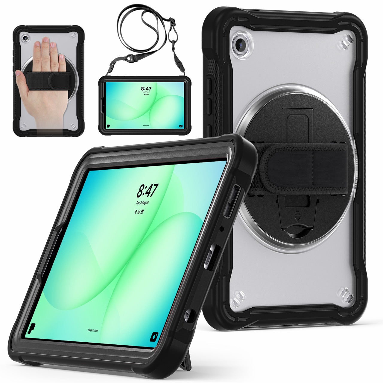 Samsung Tab A11 Rugged Case - 360° Stand, Hand & Shoulder Strap - Shockproof - Black