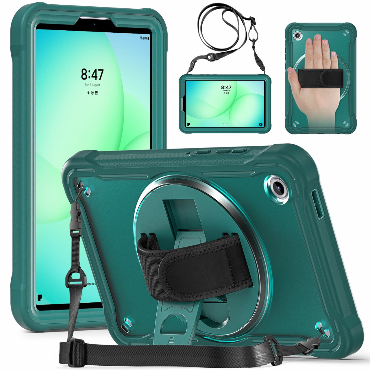 Samsung Tab A11 Rugged Case - 360° Stand, Hand & Shoulder Strap - Shockproof - Green