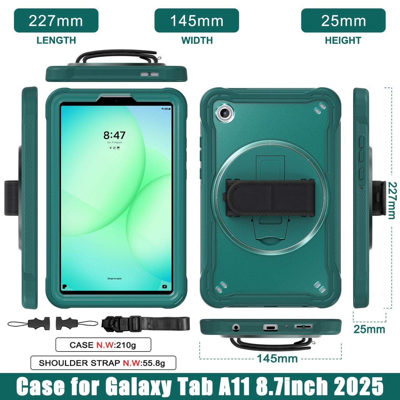 Samsung Tab A11 Rugged Case - 360° Stand, Hand & Shoulder Strap - Shockproof - Green