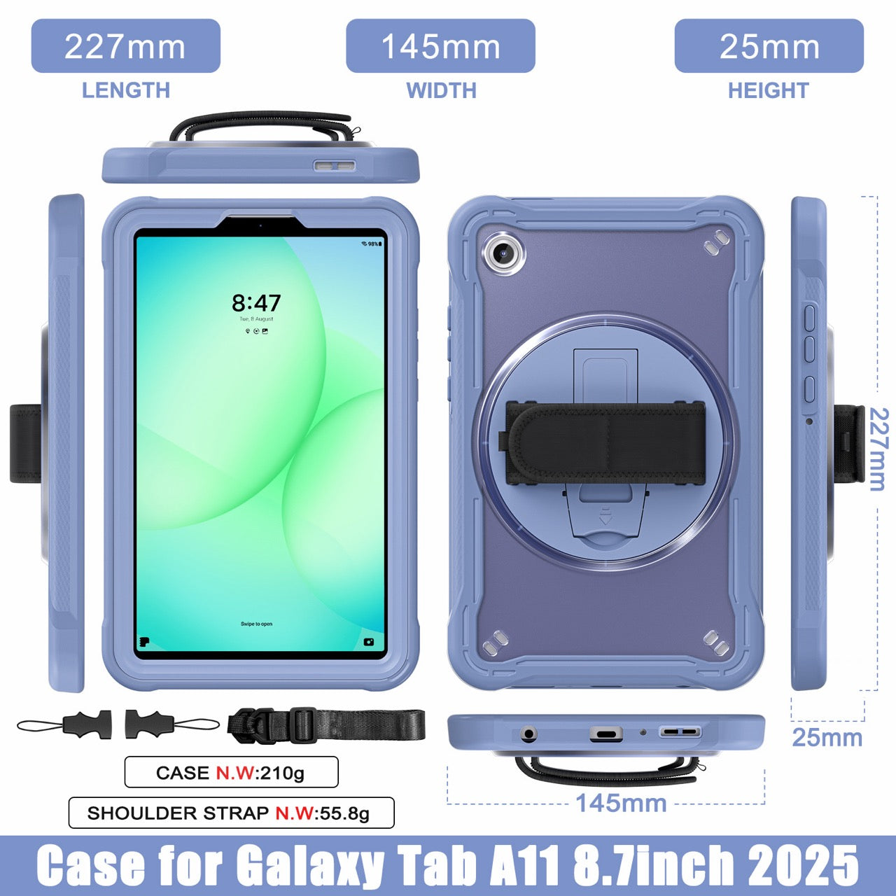 Samsung Tab A11 Rugged Case - 360° Stand, Hand & Shoulder Strap - Shockproof - Lavender