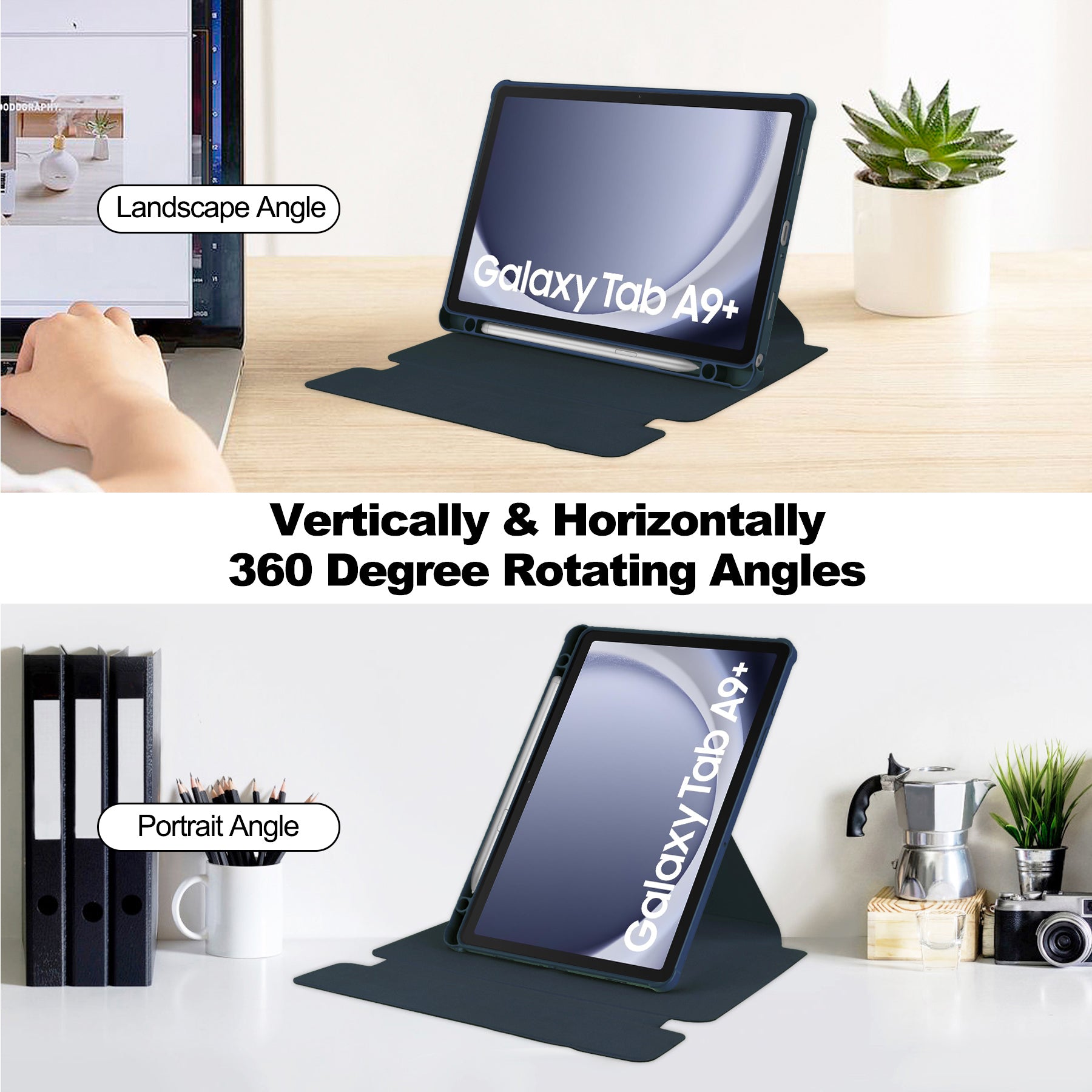 Samsung Galaxy Tab A9 Plus A9+ 360° Rotating Keyboard Case with Pencil Holder Navy