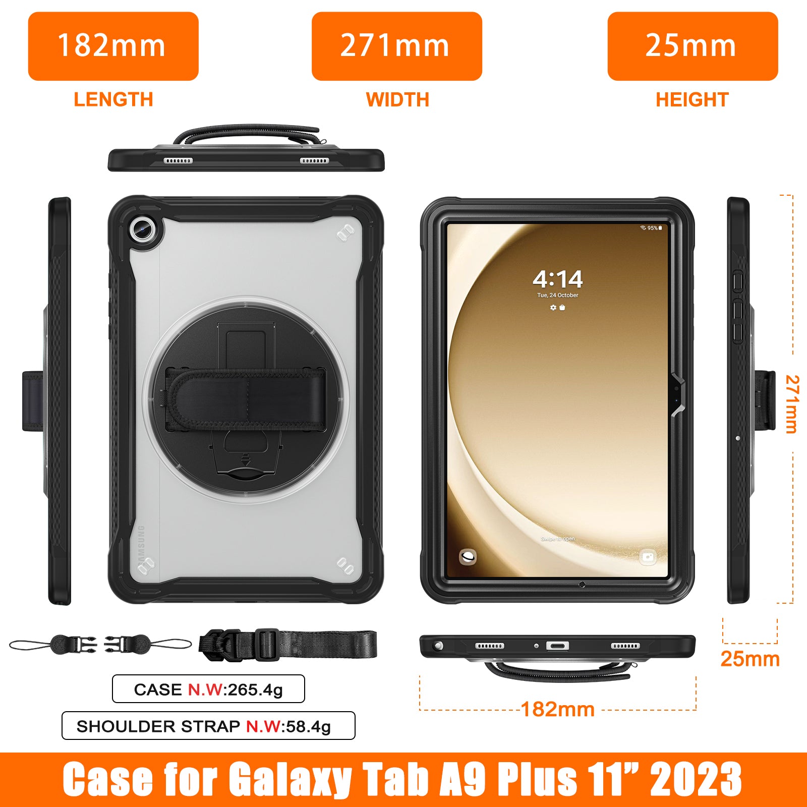 Samsung Tab A9+ A9 Plus Rugged Case - 360° Stand, Hand & Shoulder Strap - Shockproof - Black