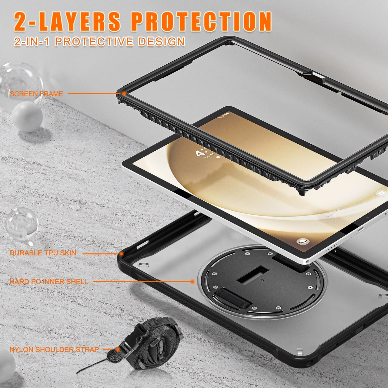 Samsung Tab A9+ A9 Plus Rugged Case - 360° Stand, Hand & Shoulder Strap - Shockproof - Black
