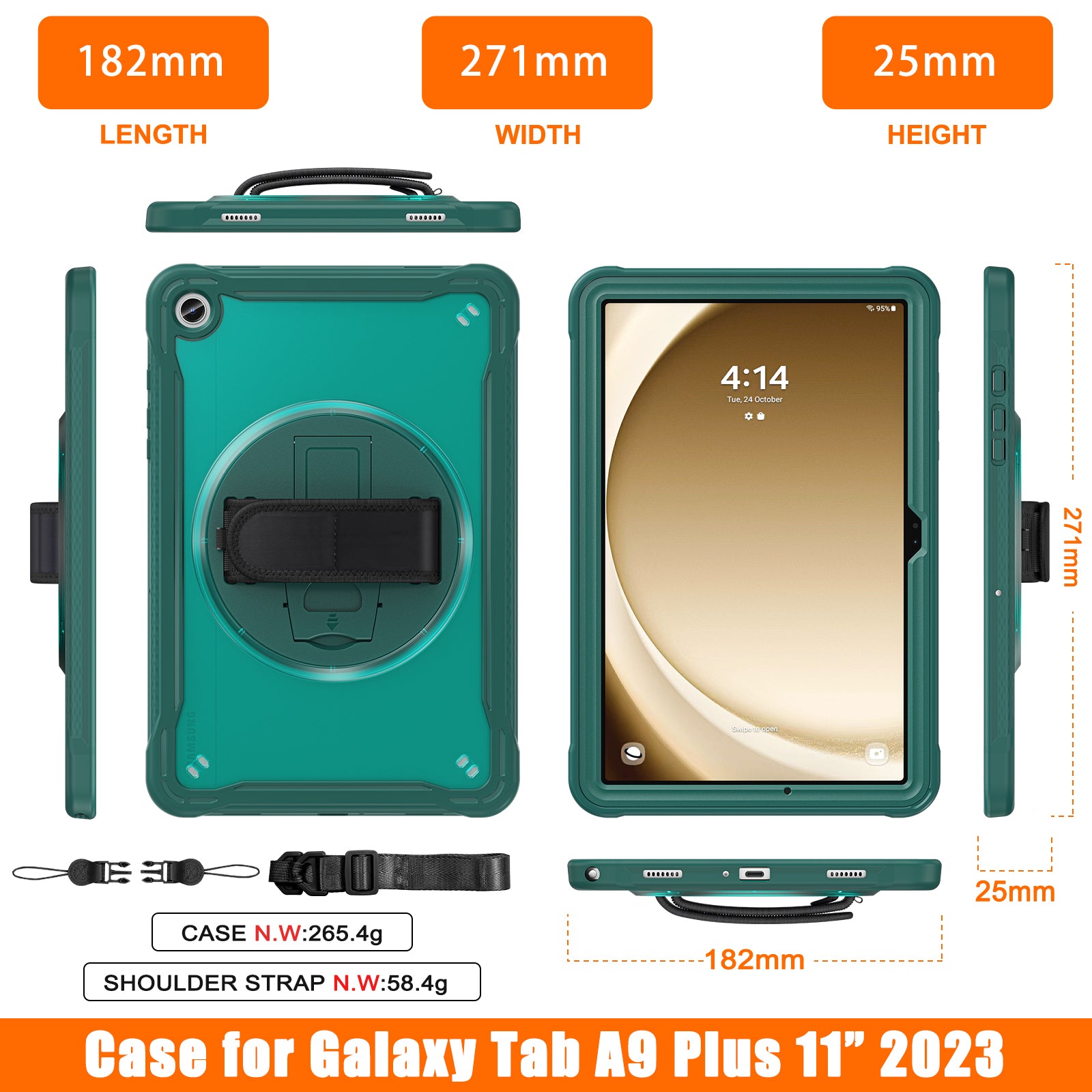 Samsung Tab A9+ A9 Plus Rugged Case - 360° Stand, Hand & Shoulder Strap - Shockproof - Green