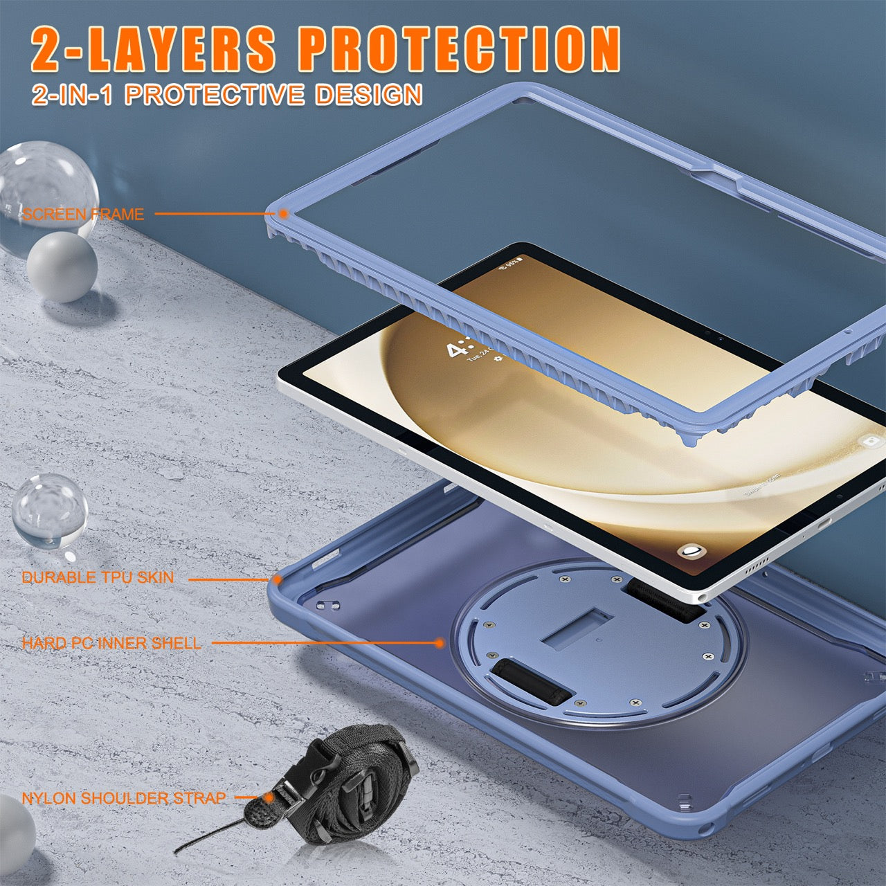 Samsung Tab A9+ A9 Plus Rugged Case - 360° Stand, Hand & Shoulder Strap - Shockproof - Lavender