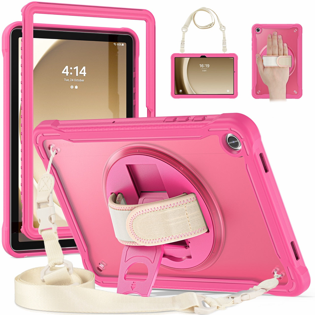 Samsung Tab A9+ A9 Plus Rugged Case - 360° Stand, Hand & Shoulder Strap - Shockproof - Rose