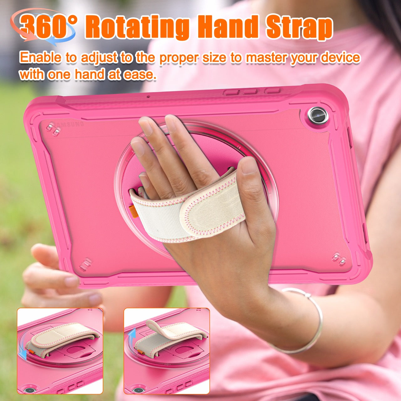 Samsung Tab A9+ A9 Plus Rugged Case - 360° Stand, Hand & Shoulder Strap - Shockproof - Rose