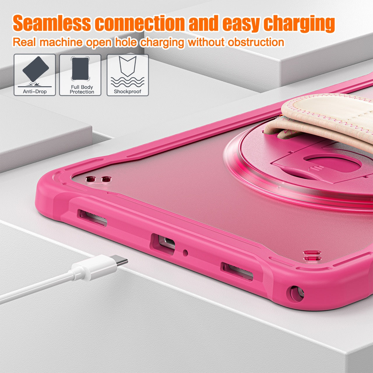 Samsung Tab A9+ A9 Plus Rugged Case - 360° Stand, Hand & Shoulder Strap - Shockproof - Rose