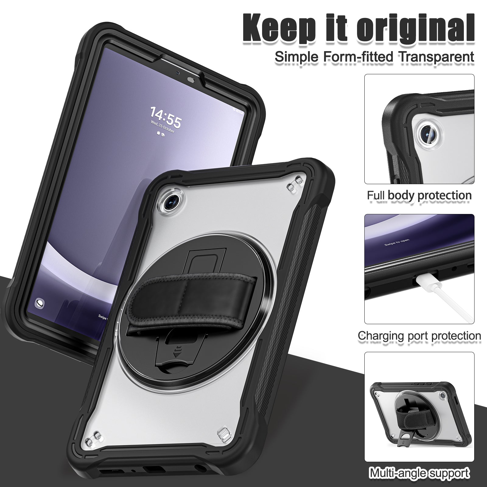 Samsung Tab A9 Rugged Case - 360° Stand, Hand & Shoulder Strap - Shockproof - Black