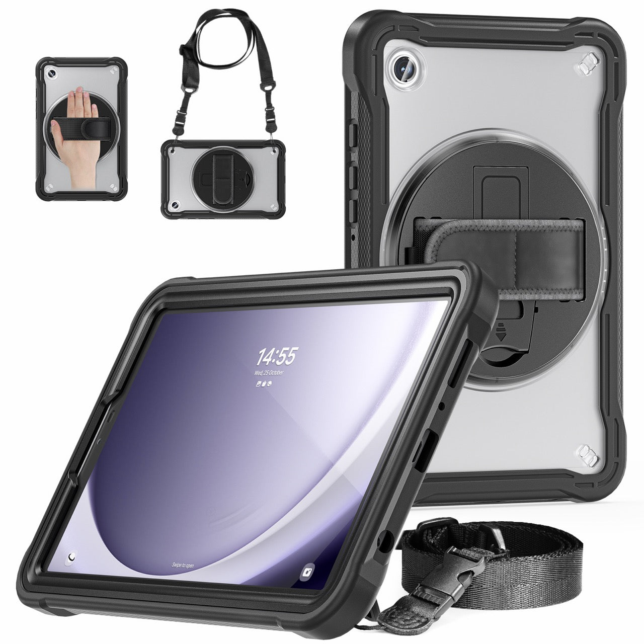 Samsung Tab A9 Rugged Case - 360° Stand, Hand & Shoulder Strap - Shockproof - Black