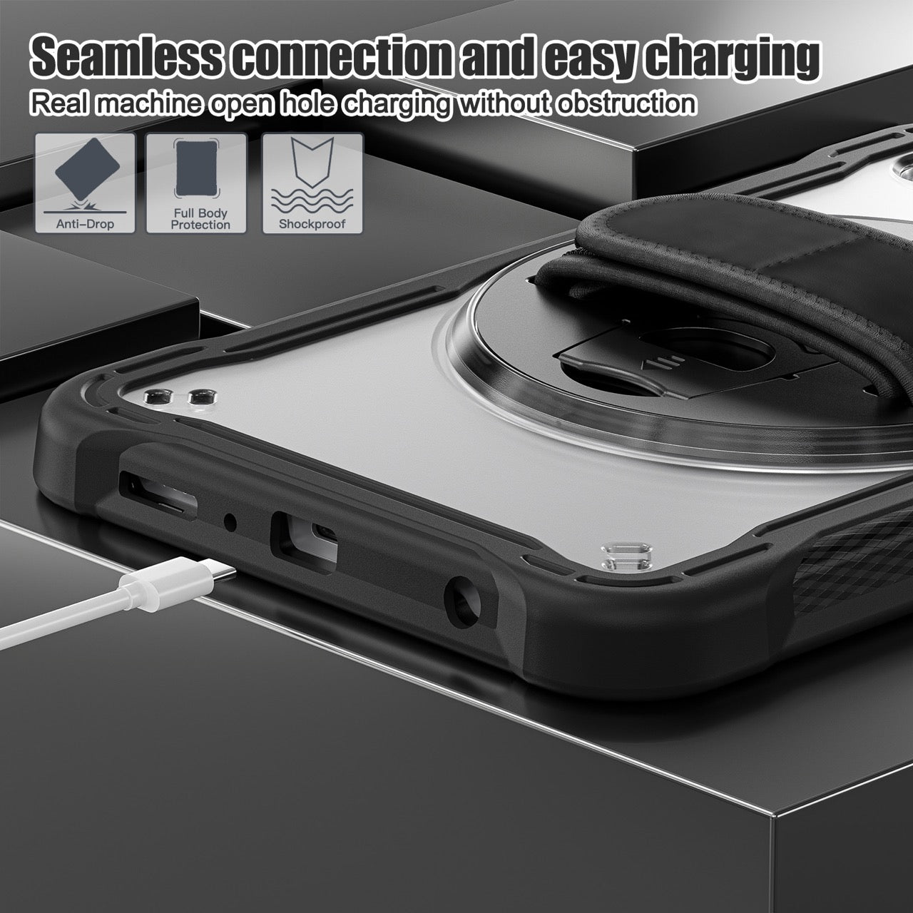 Samsung Tab A9 Rugged Case - 360° Stand, Hand & Shoulder Strap - Shockproof - Black