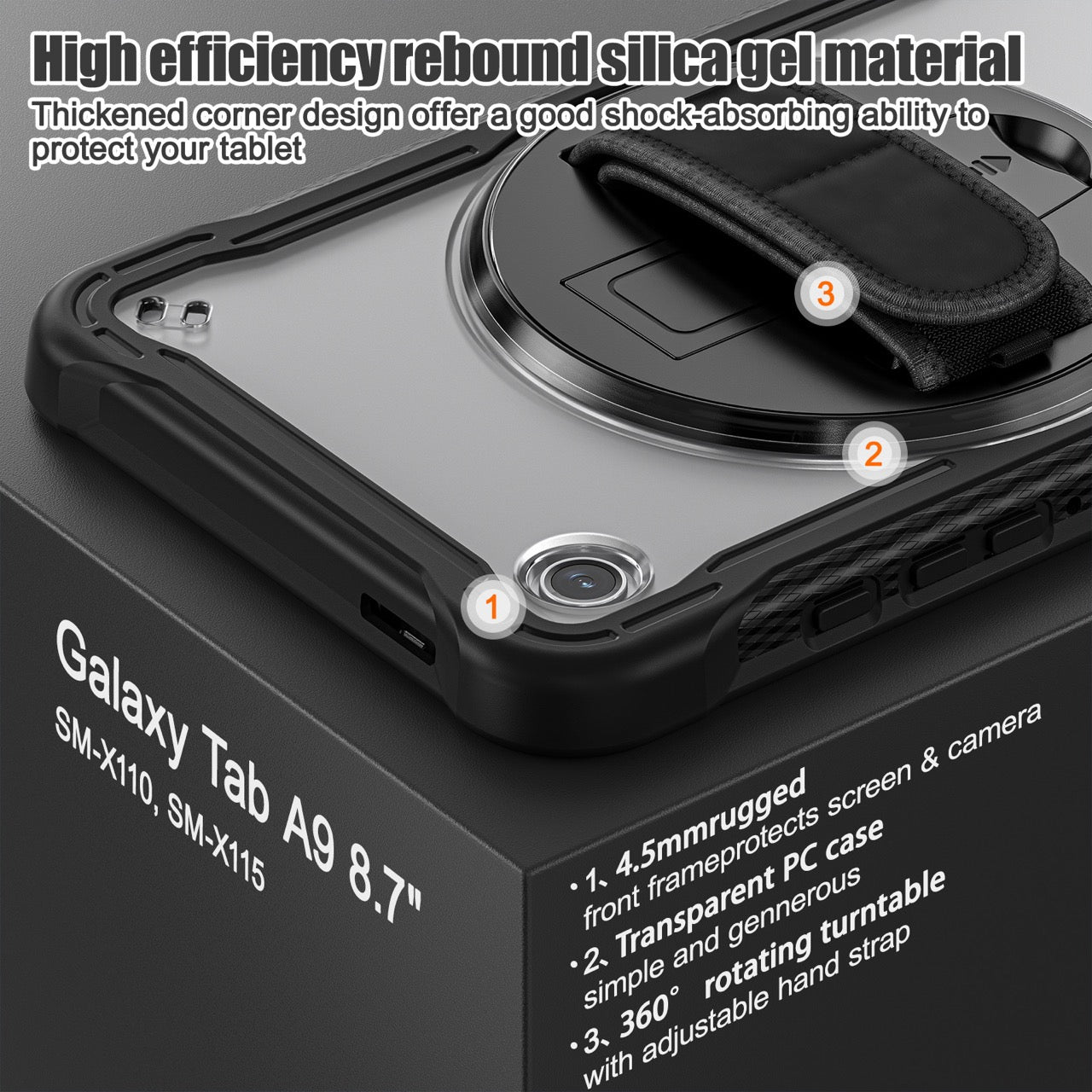 Samsung Tab A9 Rugged Case - 360° Stand, Hand & Shoulder Strap - Shockproof - Black