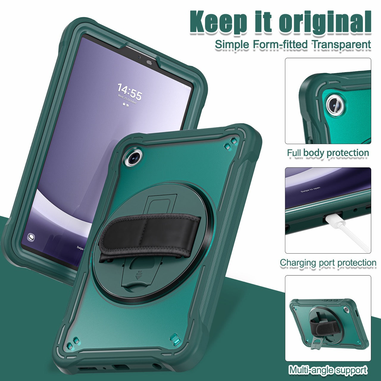 Samsung Tab A9 Rugged Case - 360° Stand, Hand & Shoulder Strap - Shockproof - Green