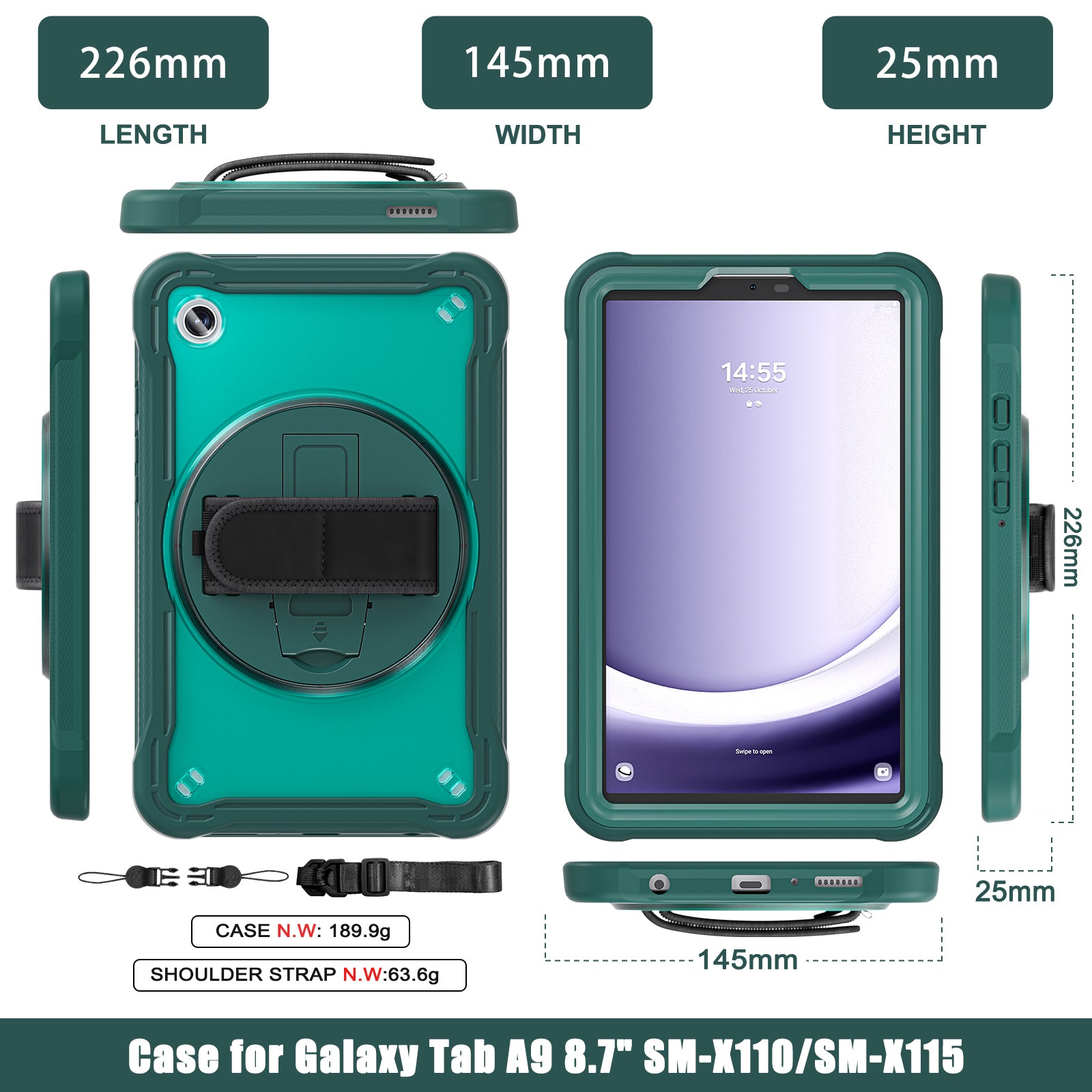 Samsung Tab A9 Rugged Case - 360° Stand, Hand & Shoulder Strap - Shockproof - Green