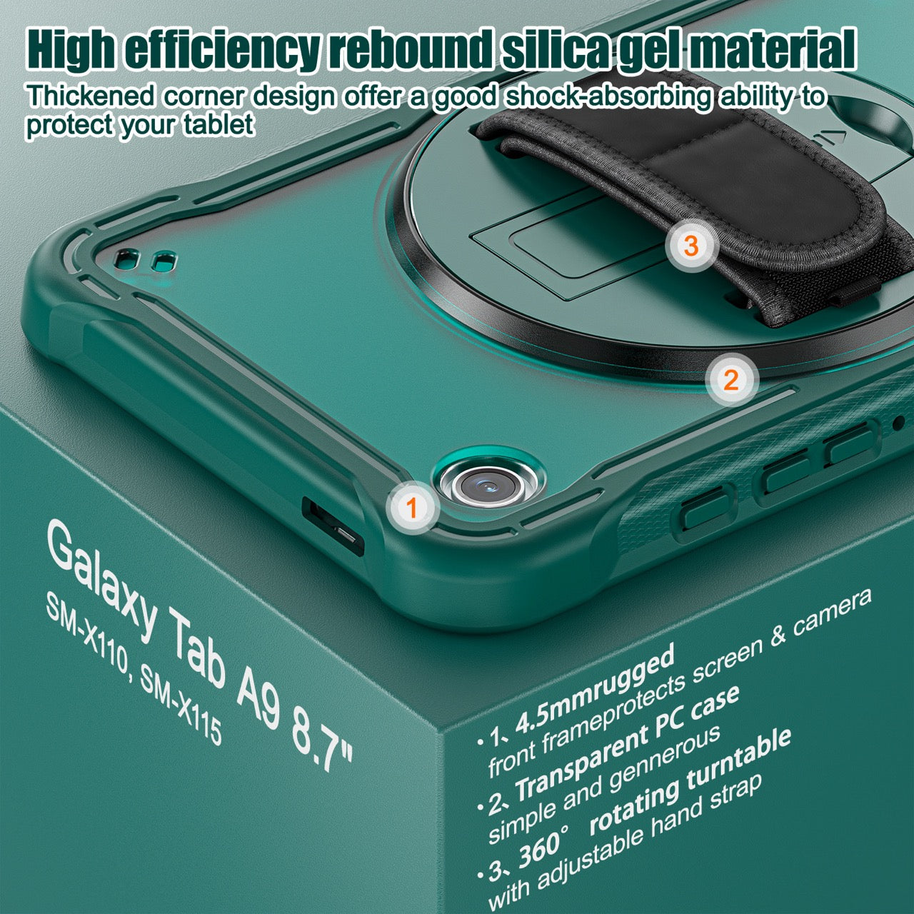 Samsung Tab A9 Rugged Case - 360° Stand, Hand & Shoulder Strap - Shockproof - Green