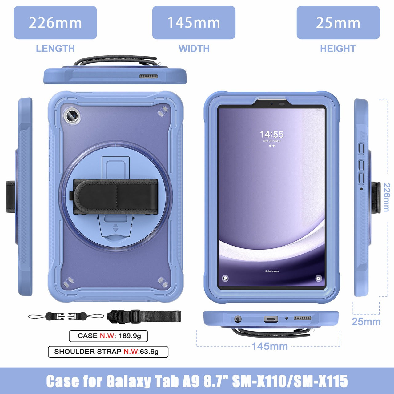 Samsung Tab A9 Rugged Case - 360° Stand, Hand & Shoulder Strap - Shockproof - Lavender