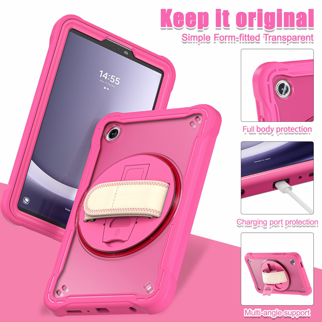 Samsung Tab A9 Rugged Case - 360° Stand, Hand & Shoulder Strap - Shockproof - Rose