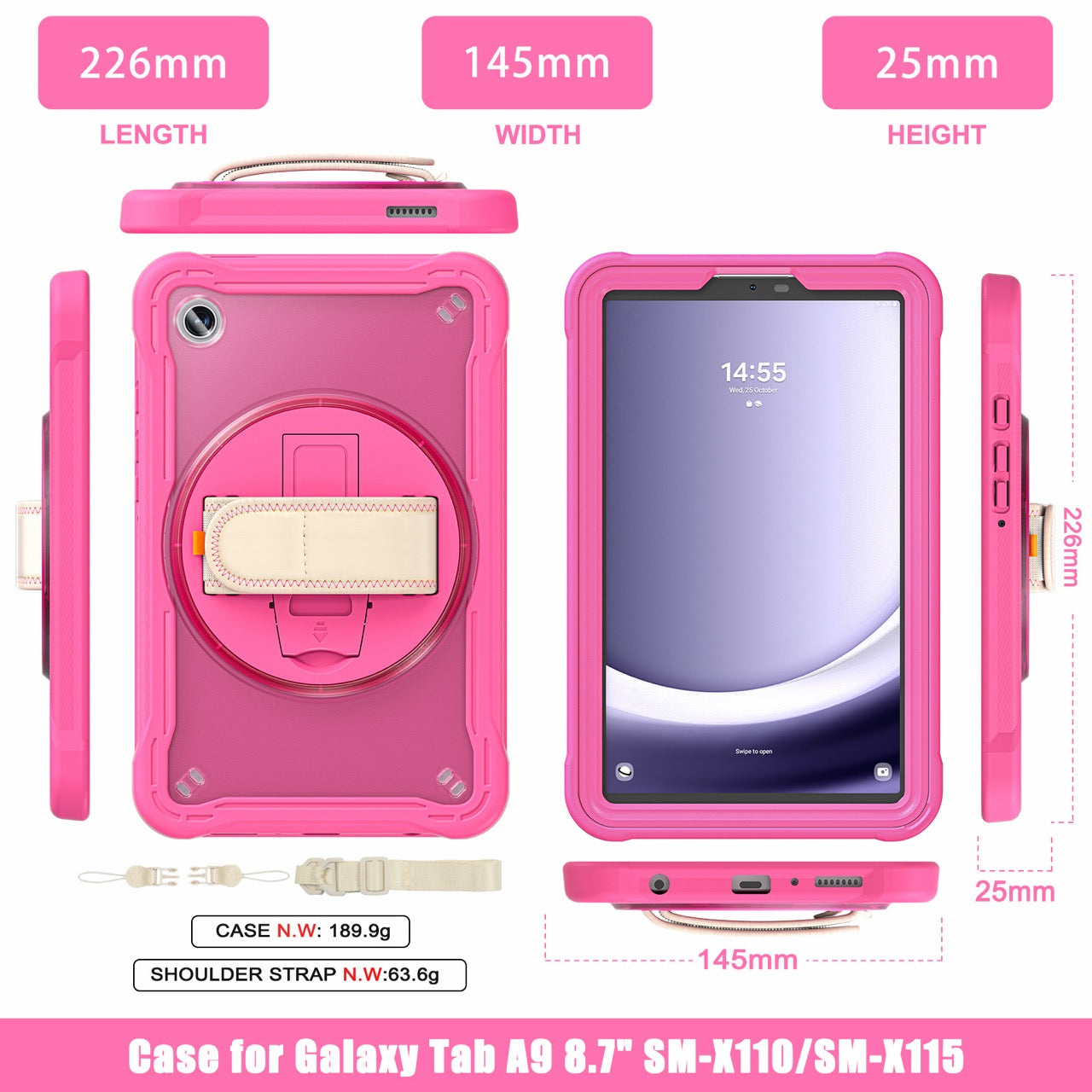 Samsung Tab A9 Rugged Case - 360° Stand, Hand & Shoulder Strap - Shockproof - Rose