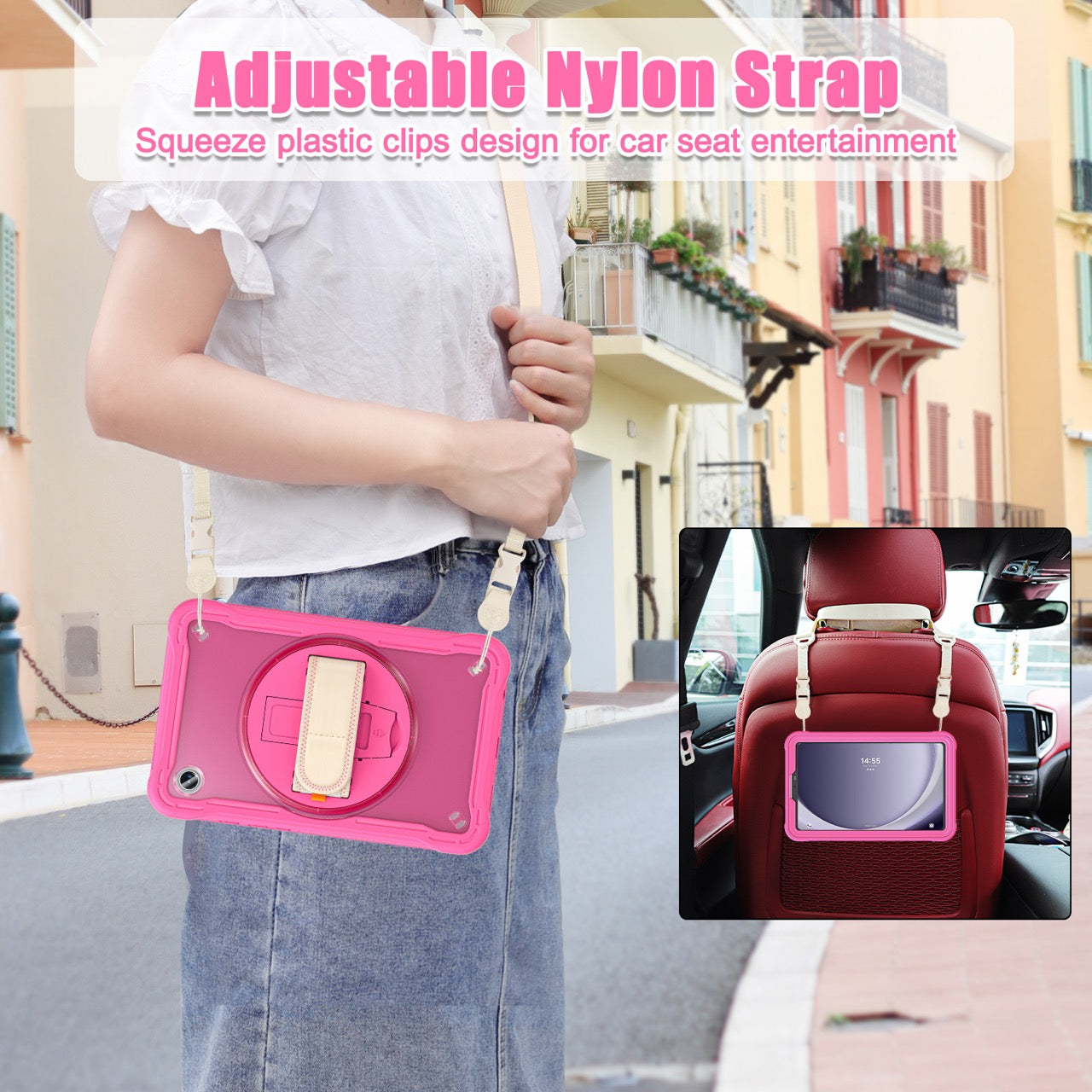 Samsung Tab A9 Rugged Case - 360° Stand, Hand & Shoulder Strap - Shockproof - Rose