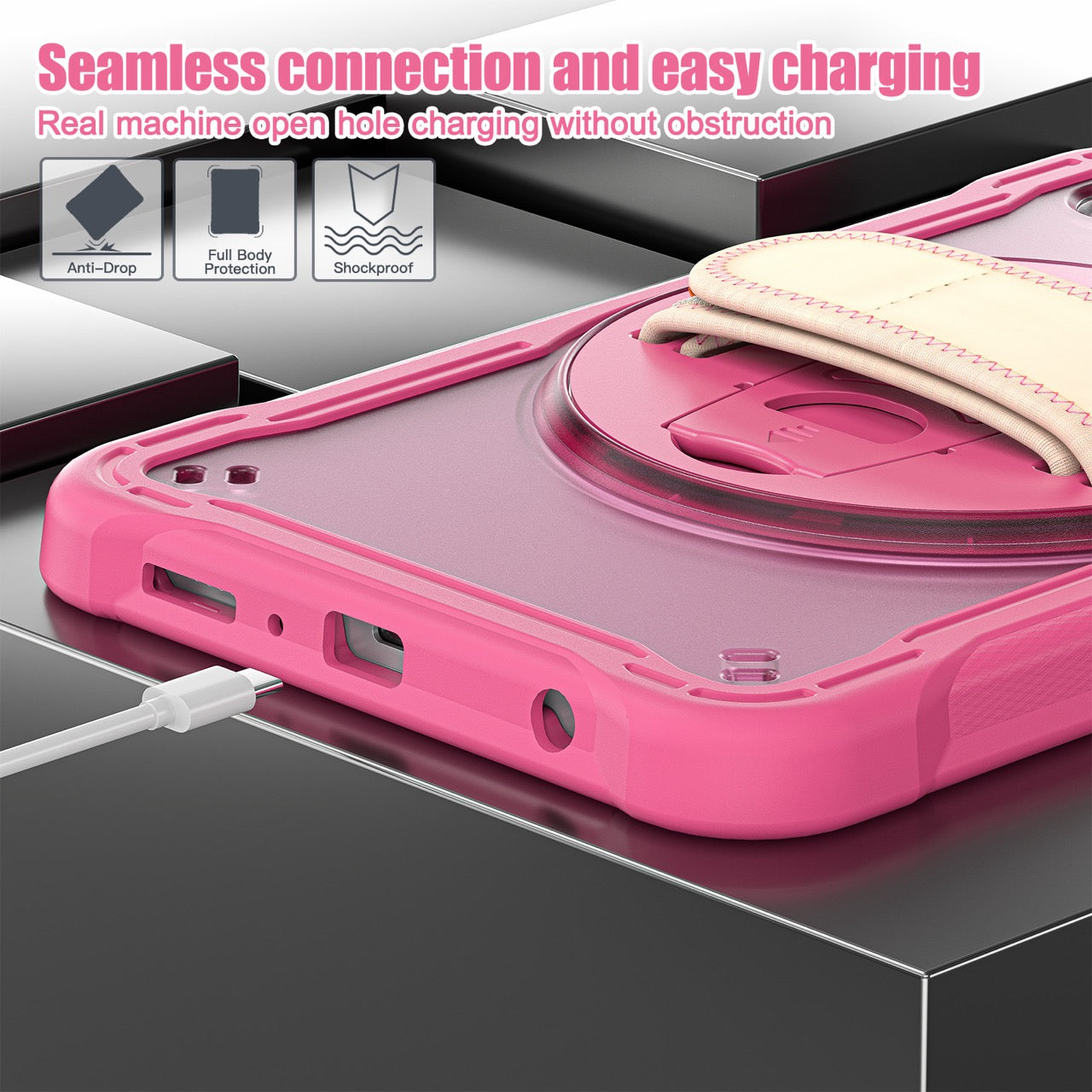 Samsung Tab A9 Rugged Case - 360° Stand, Hand & Shoulder Strap - Shockproof - Rose