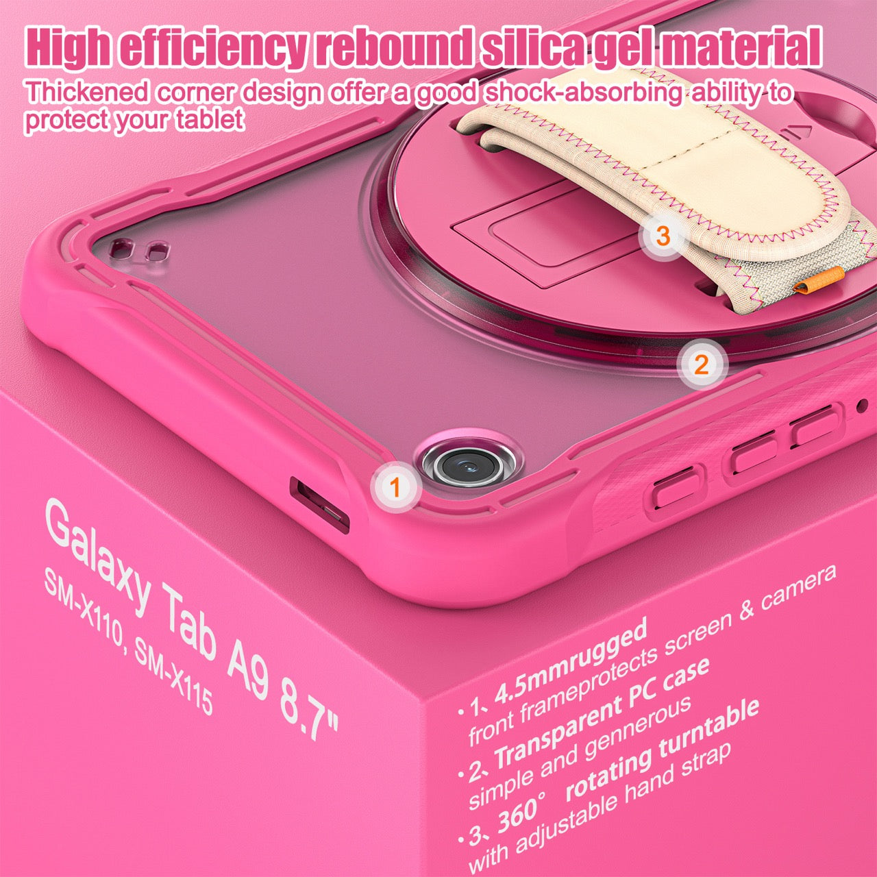 Samsung Tab A9 Rugged Case - 360° Stand, Hand & Shoulder Strap - Shockproof - Rose