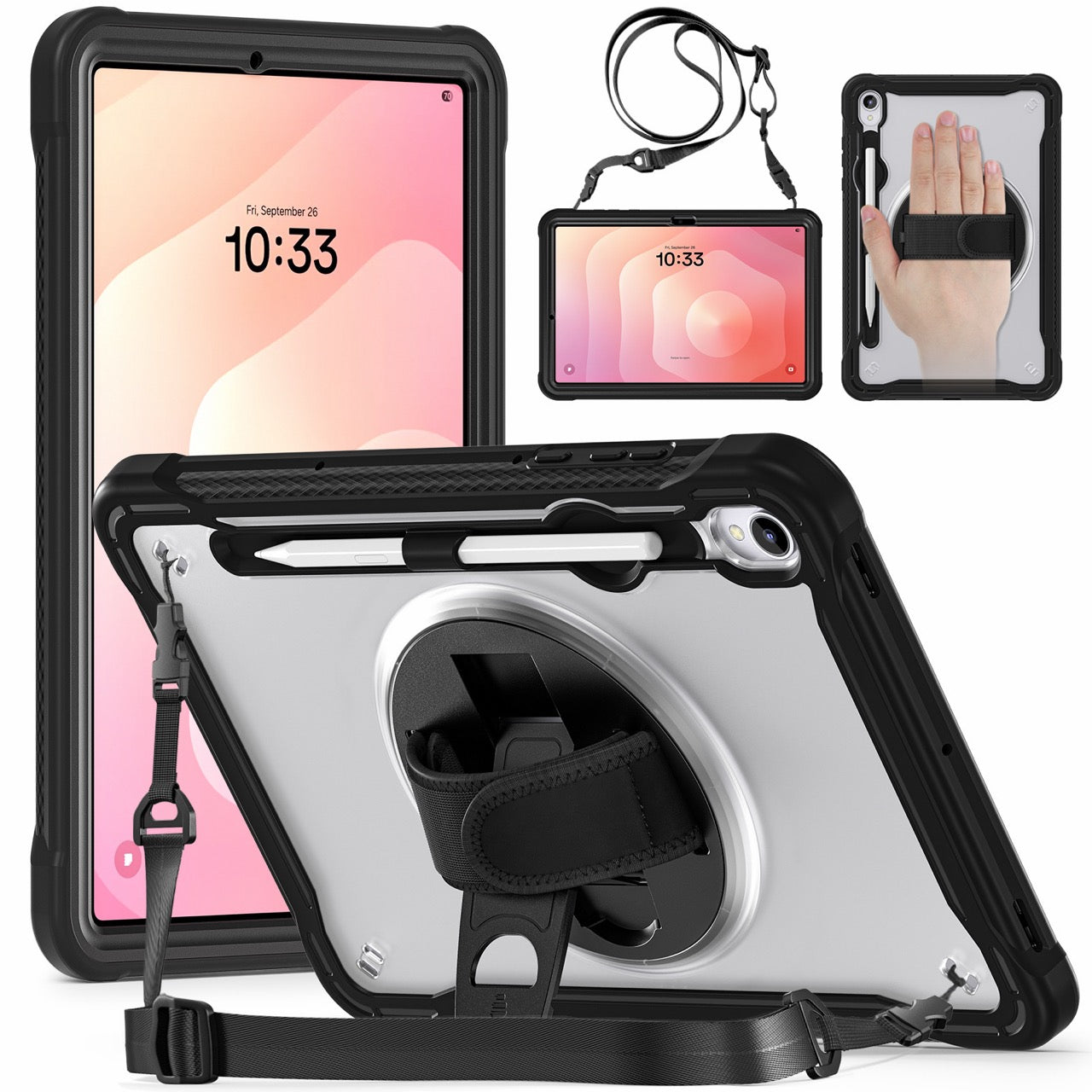 Samsung Tab S11 Rugged Case - 360° Stand, Hand & Shoulder Strap - Shockproof - Black
