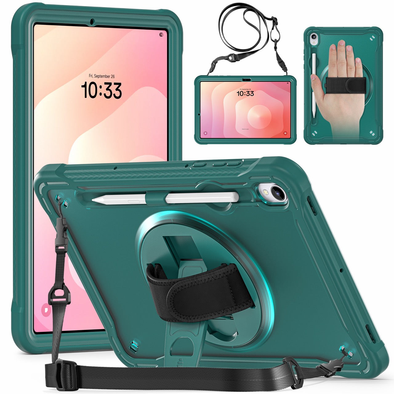 Samsung Tab S11 Rugged Case - 360° Stand, Hand & Shoulder Strap - Shockproof - Green
