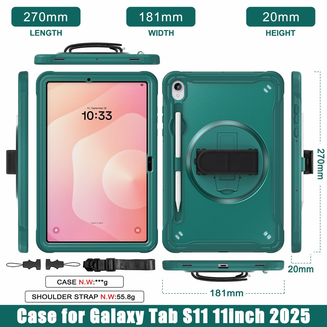 Samsung Tab S11 Rugged Case - 360° Stand, Hand & Shoulder Strap - Shockproof - Green
