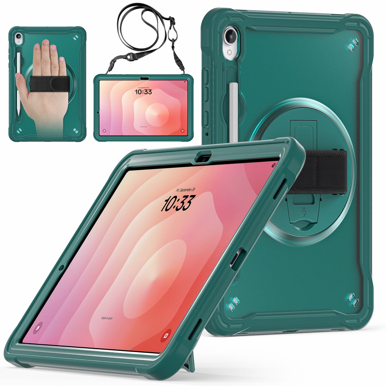 Samsung Tab S11 Rugged Case - 360° Stand, Hand & Shoulder Strap - Shockproof - Green