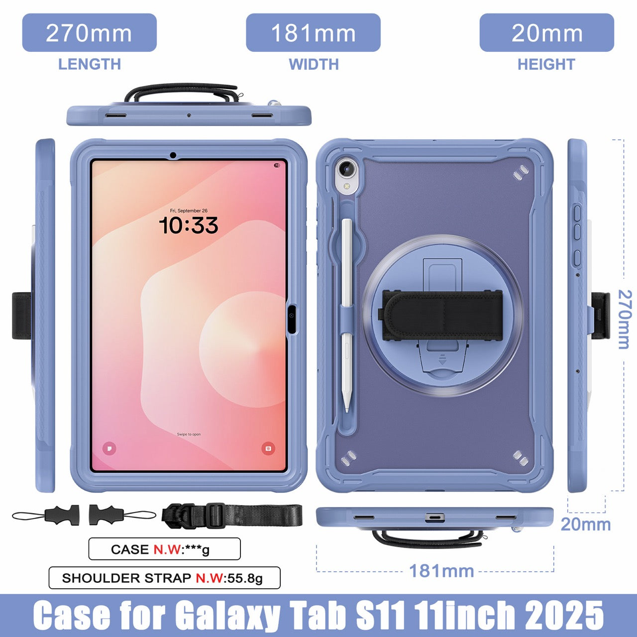 Samsung Tab S11 Rugged Case - 360° Stand, Hand & Shoulder Strap - Shockproof - Lavender