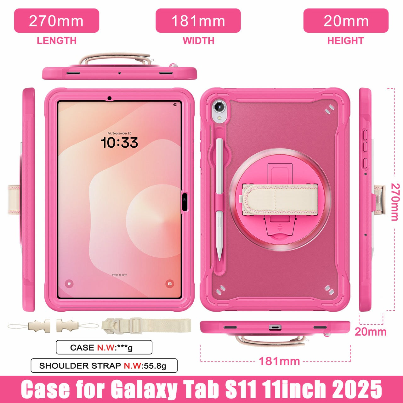 Samsung Tab S11 Rugged Case - 360° Stand, Hand & Shoulder Strap - Shockproof - Rose
