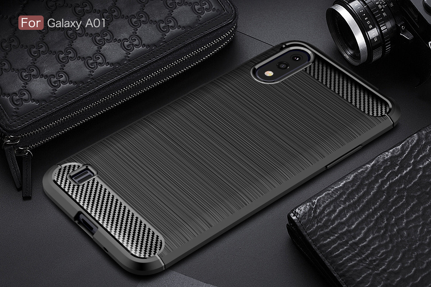 Samsung A01 Carbon Fibre TPU Case Slim Shockproof Cover Black