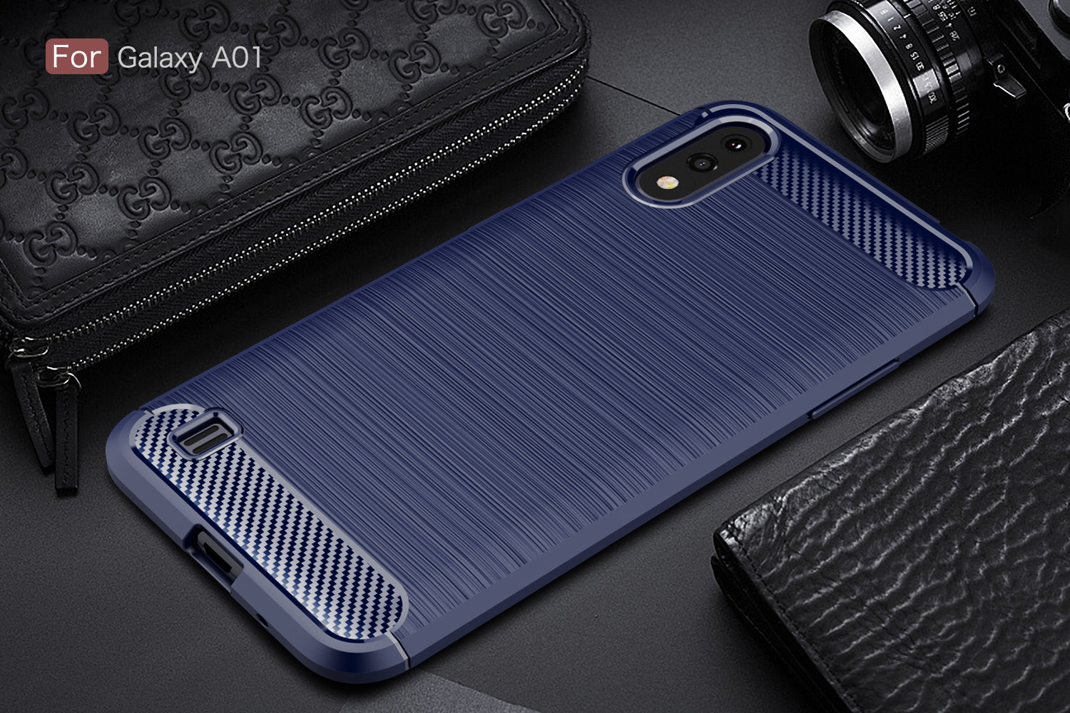 Samsung A01 Carbon Fibre TPU Case Slim Shockproof Cover Navy