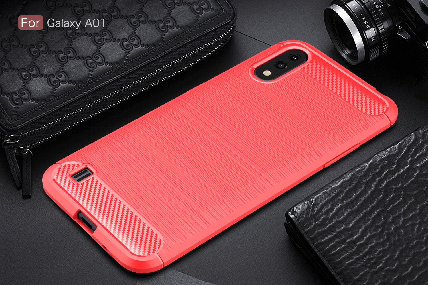 Samsung A01 Carbon Fibre TPU Case Slim Shockproof Cover Red