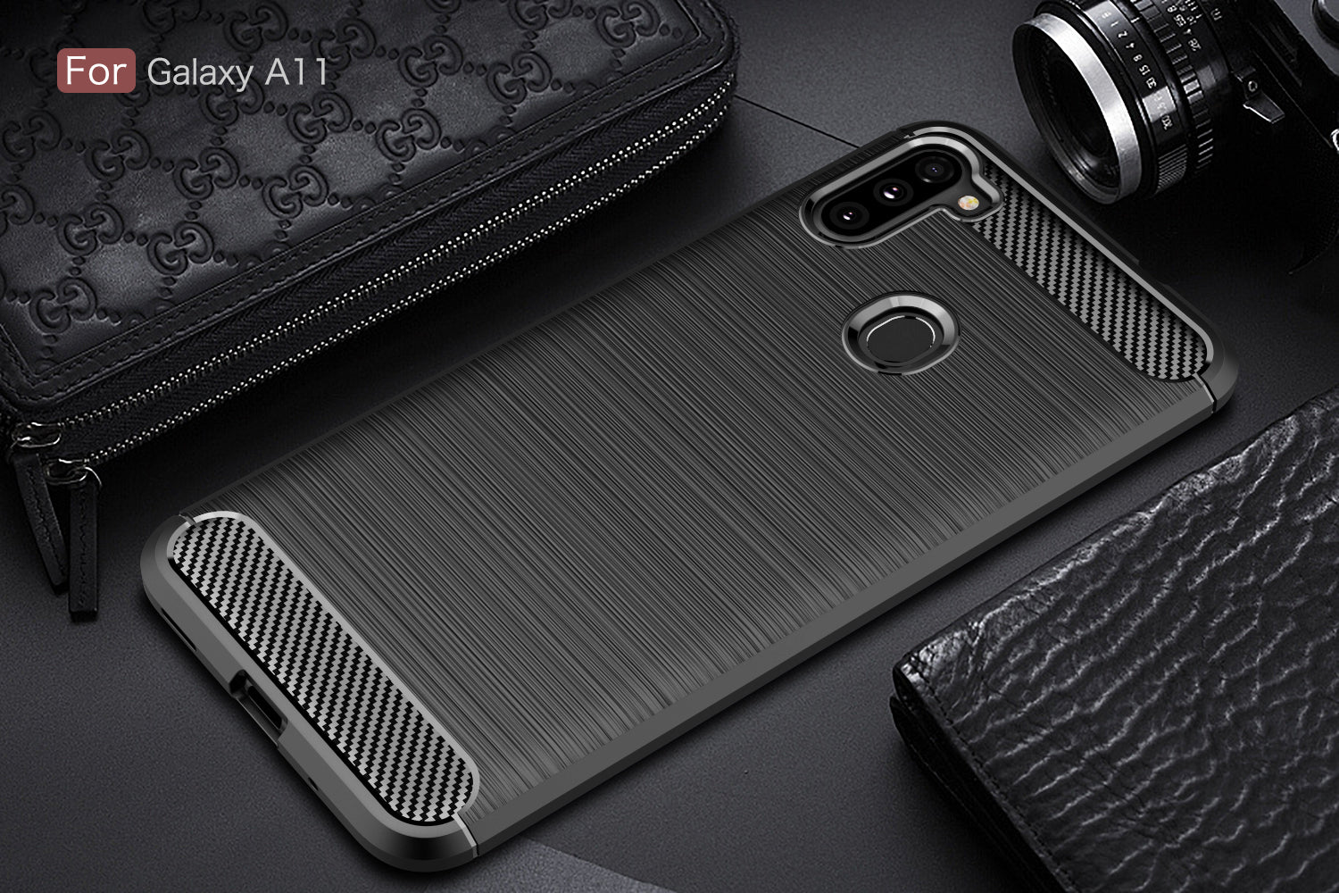 Samsung A11 Carbon Fibre TPU Case Slim Shockproof Cover Black