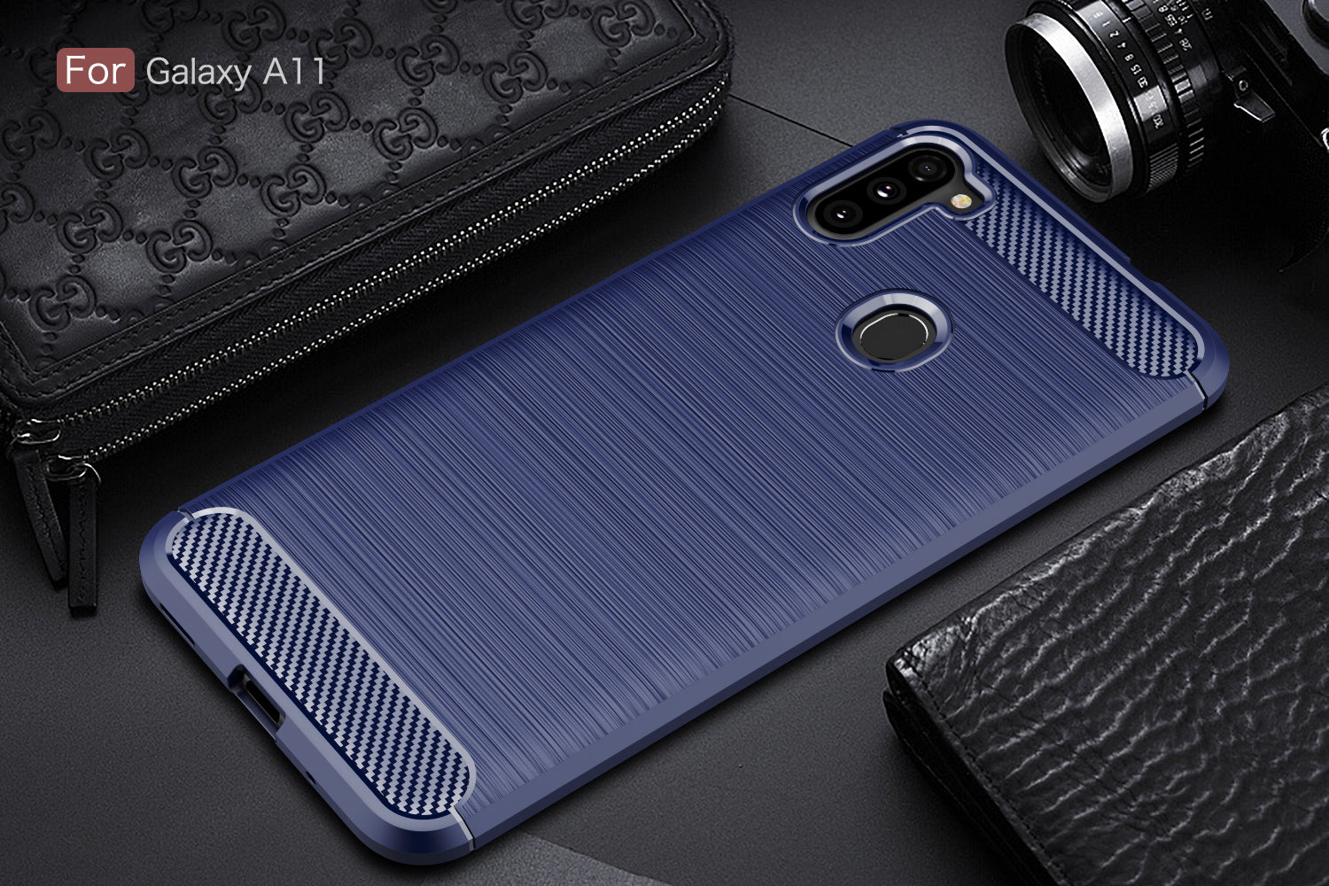 Samsung A11 Carbon Fibre TPU Case Slim Shockproof Cover Navy