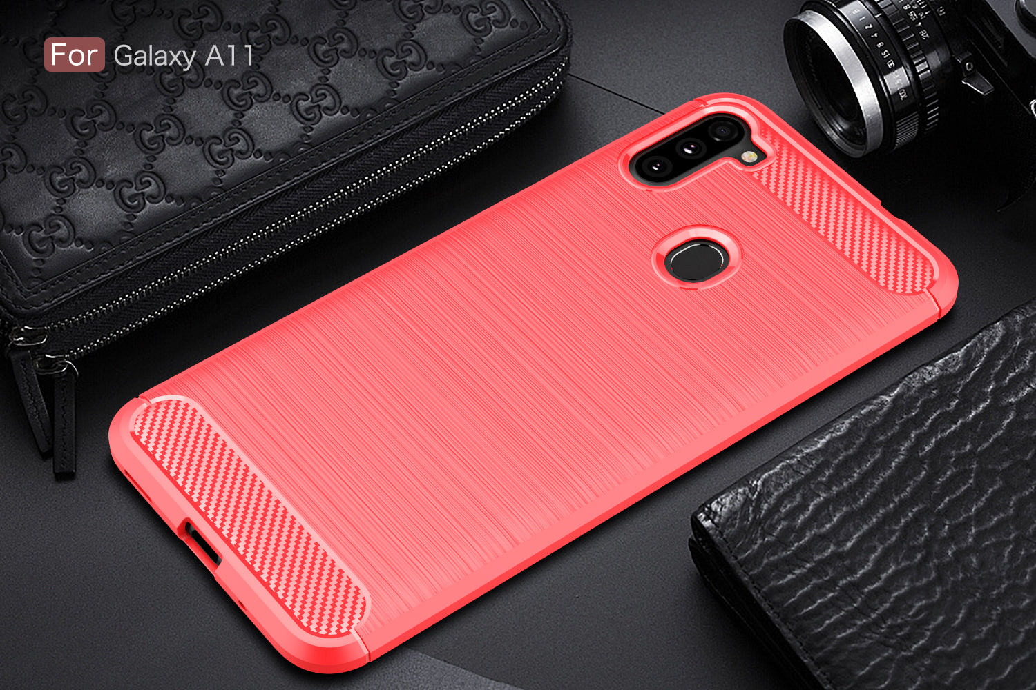 Samsung A11 Carbon Fibre TPU Case Slim Shockproof Cover Red