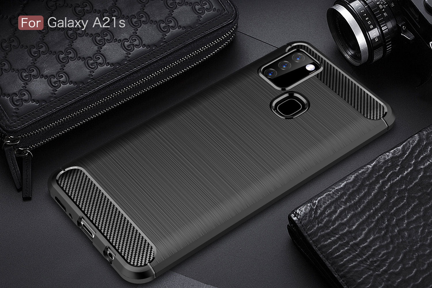Samsung A21s Carbon Fibre TPU Case Slim Shockproof Cover Black