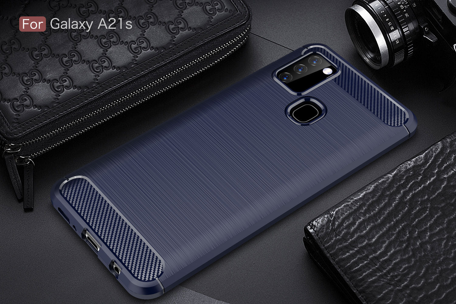Samsung A21s Carbon Fibre TPU Case Slim Shockproof Cover Navy