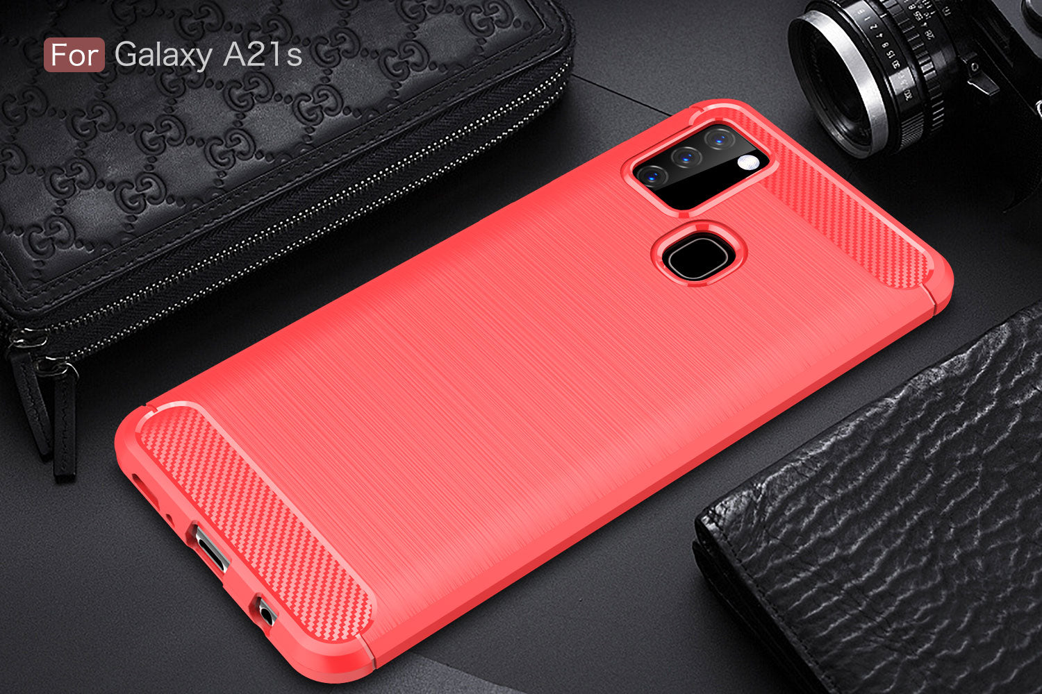 Samsung A21s Carbon Fibre TPU Case Slim Shockproof Cover Red