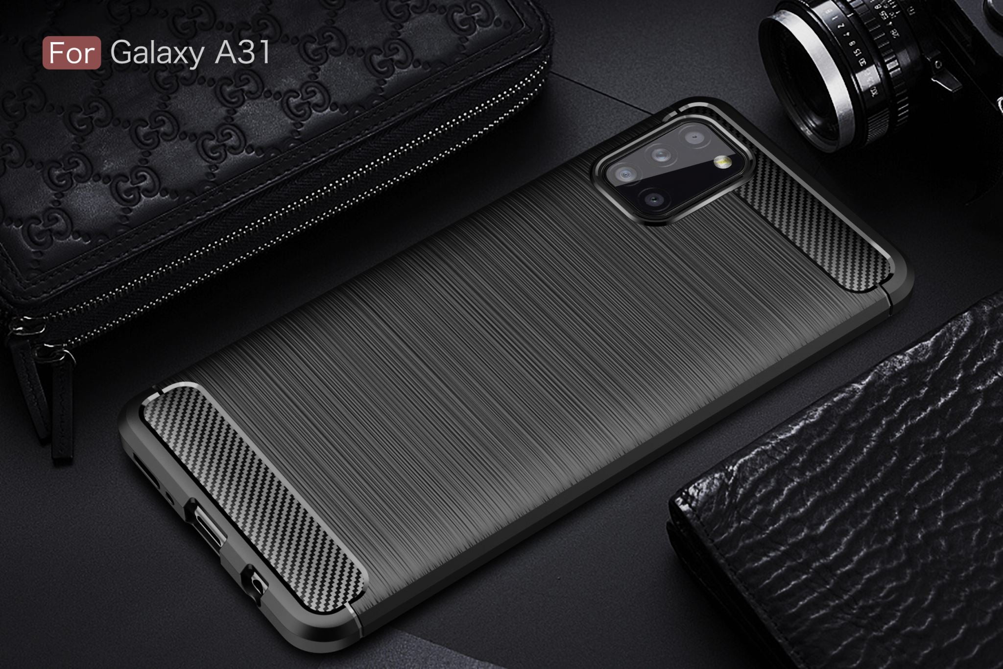 Samsung A31 Carbon Fibre TPU Case Slim Shockproof Cover Black