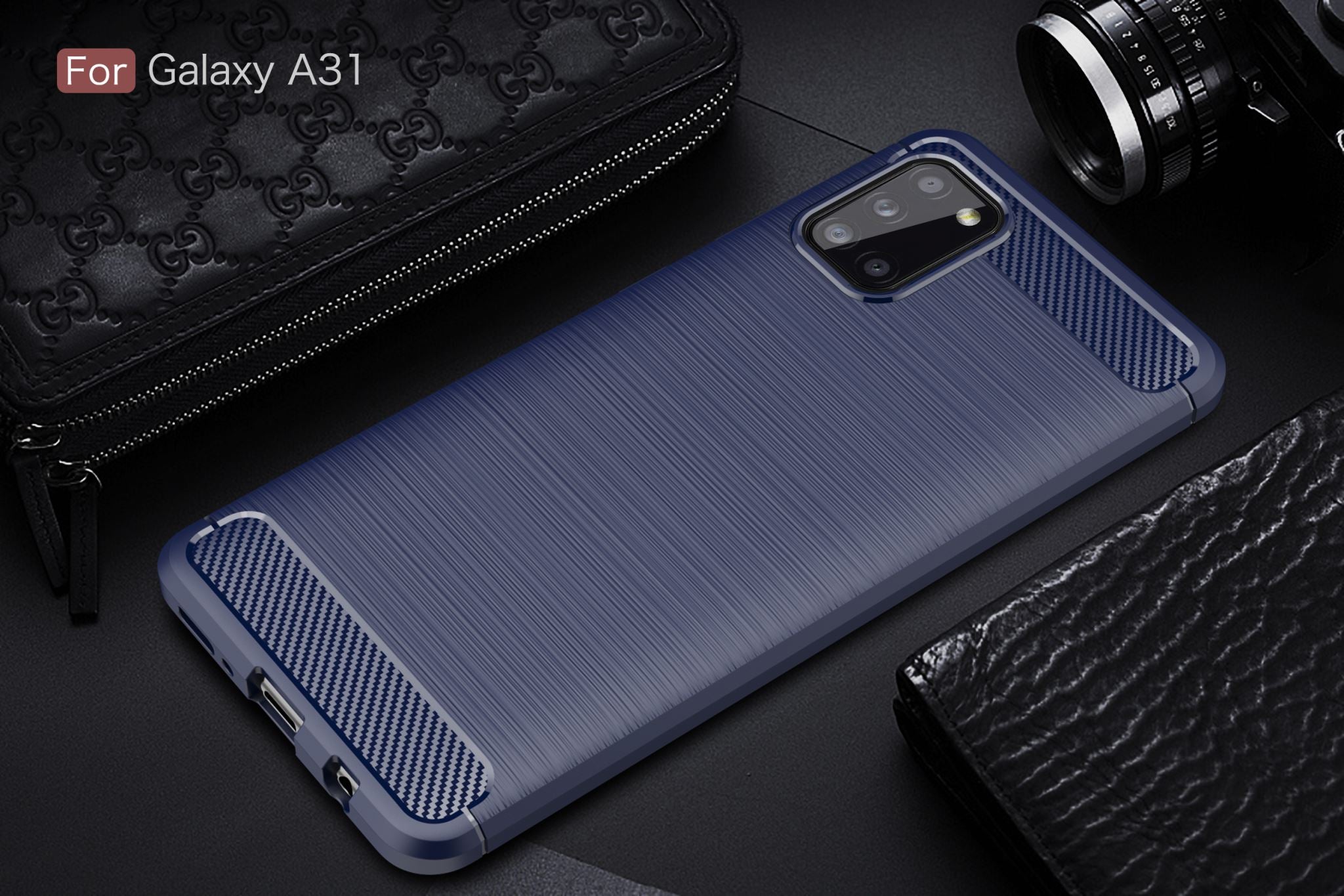 Samsung A31 Carbon Fibre TPU Case Slim Shockproof Cover Navy