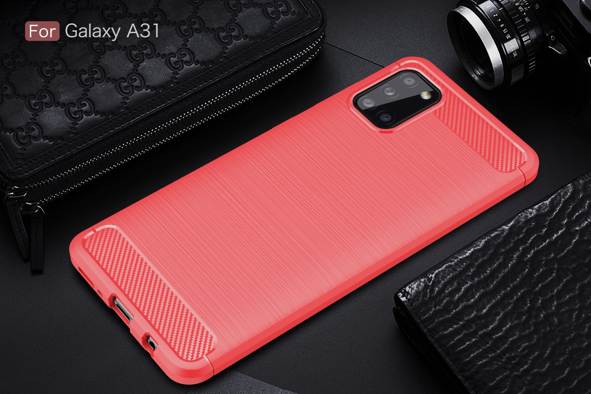 Samsung A31 Carbon Fibre TPU Case Slim Shockproof Cover Red