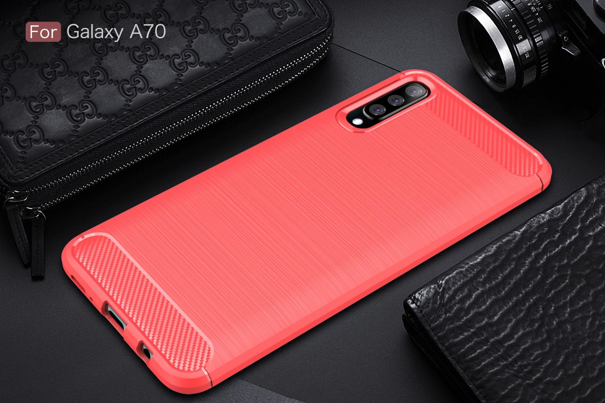 Samsung A70 Carbon Fibre TPU Case Slim Shockproof Cover Red